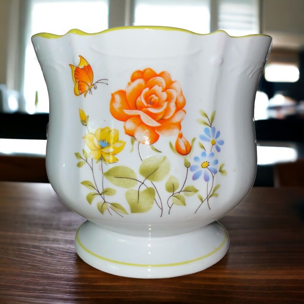 Vtg Royal Crown Butterfly and Flowers Footed Ceramic Planter